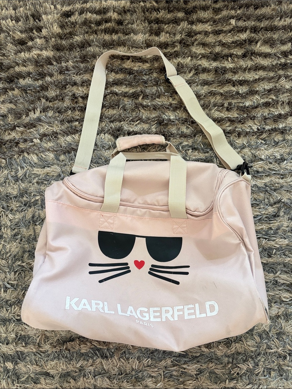 Karl Lagerfeld Pale Pink Canvas Travel Tote with Cat Graphic
